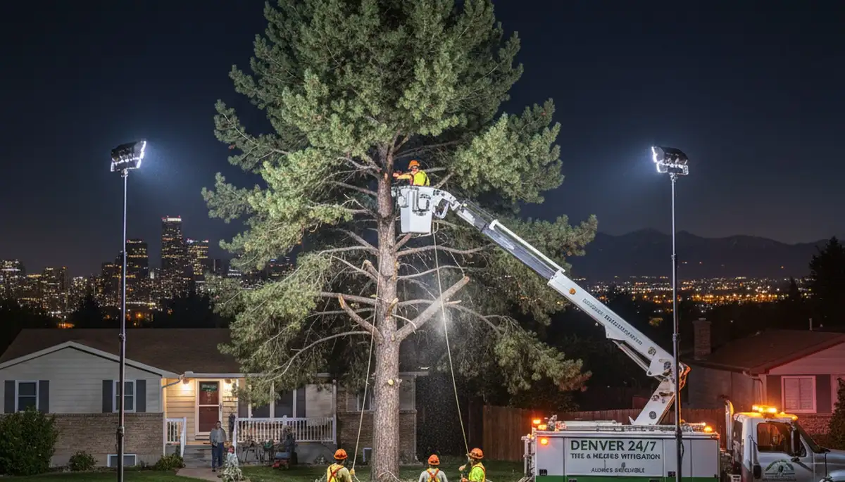 24/7 emergency tree removal service crew assisting homeowners in Denver, CO at night