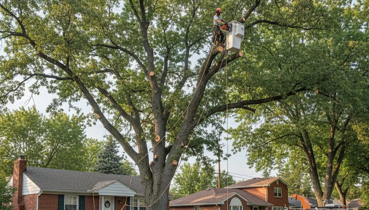 Professional arborists performing safe tree removal with bucket truck in Denver, CO neighborhood