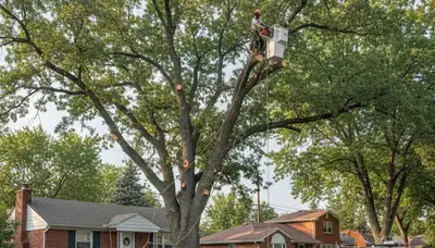 Professional arborists performing safe tree removal with bucket truck in Denver, CO neighborhood