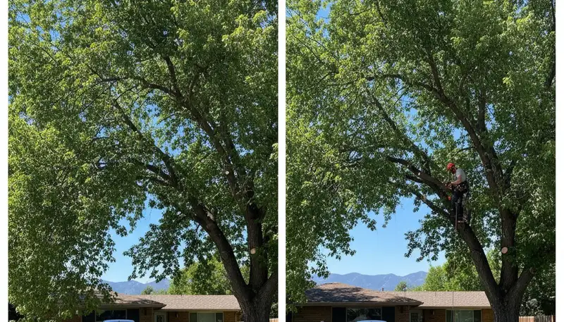 Arborist lifting tree canopy for driveway clearance during professional trimming in Denver, CO