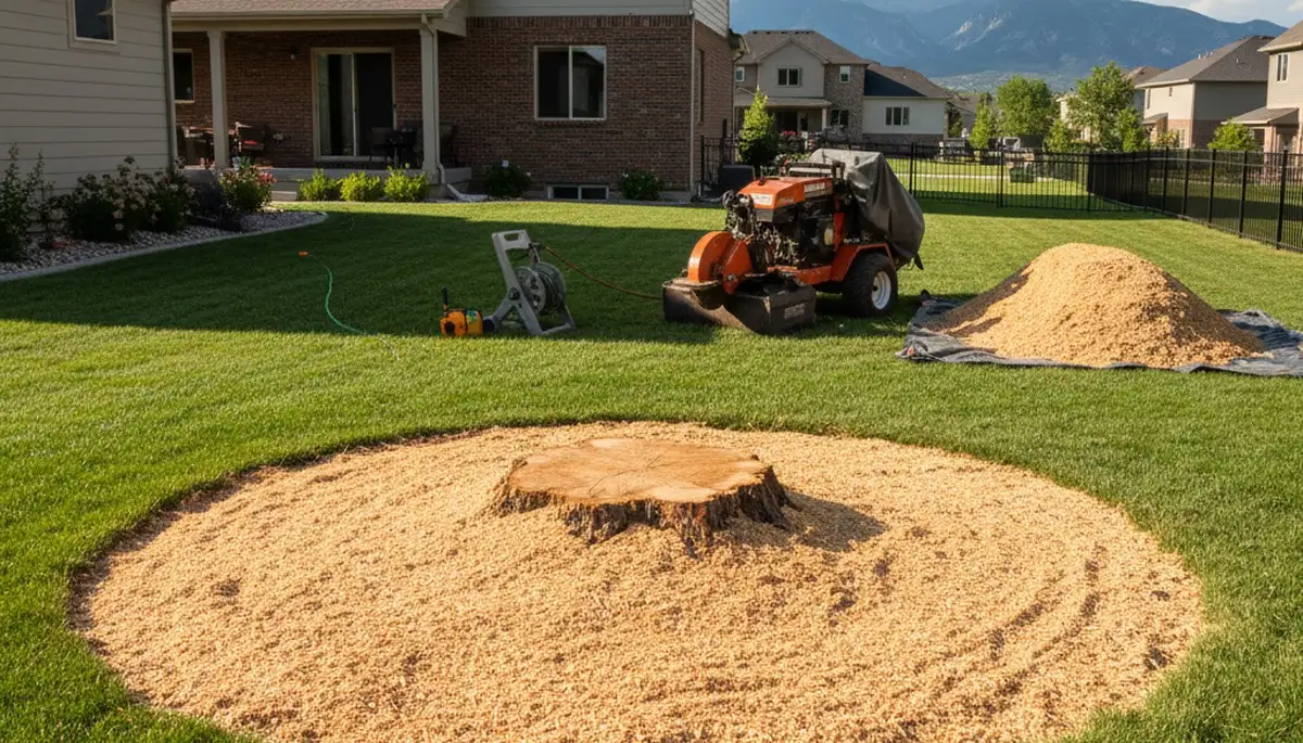 Finished stump grinding after tree removal in Denver, CO with wood chips and leveled yard restoration