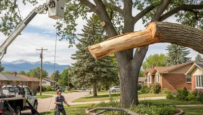 Arborists performing deadwood removal on a residential tree in Denver, CO for safe tree maintenance
