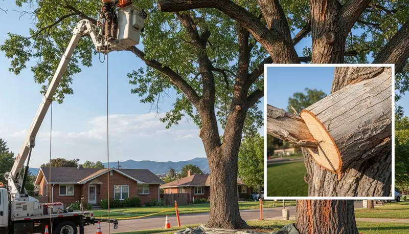 Arborist removing dead branches for safe tree trimming in Denver, CO with professional equipment