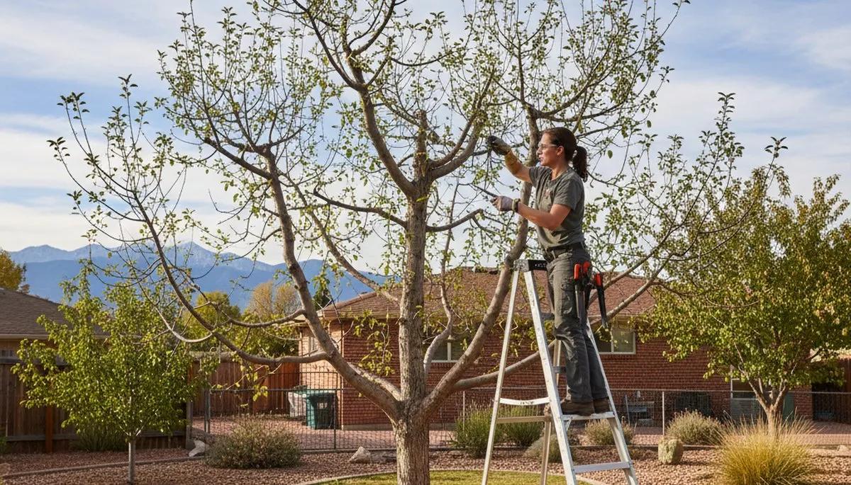 Arborist pruning fruit tree in Denver CO backyard orchard for healthy growth and improved yield