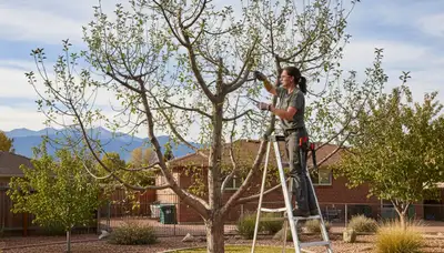 Arborist pruning fruit tree in Denver CO backyard orchard for healthy growth and improved yield