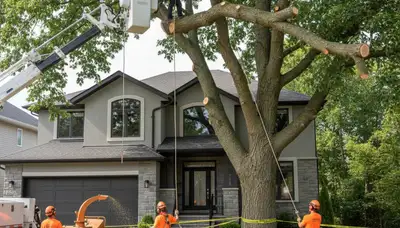 Arborists removing large tree with bucket truck in Aurora, Colorado for Denver tree removal service