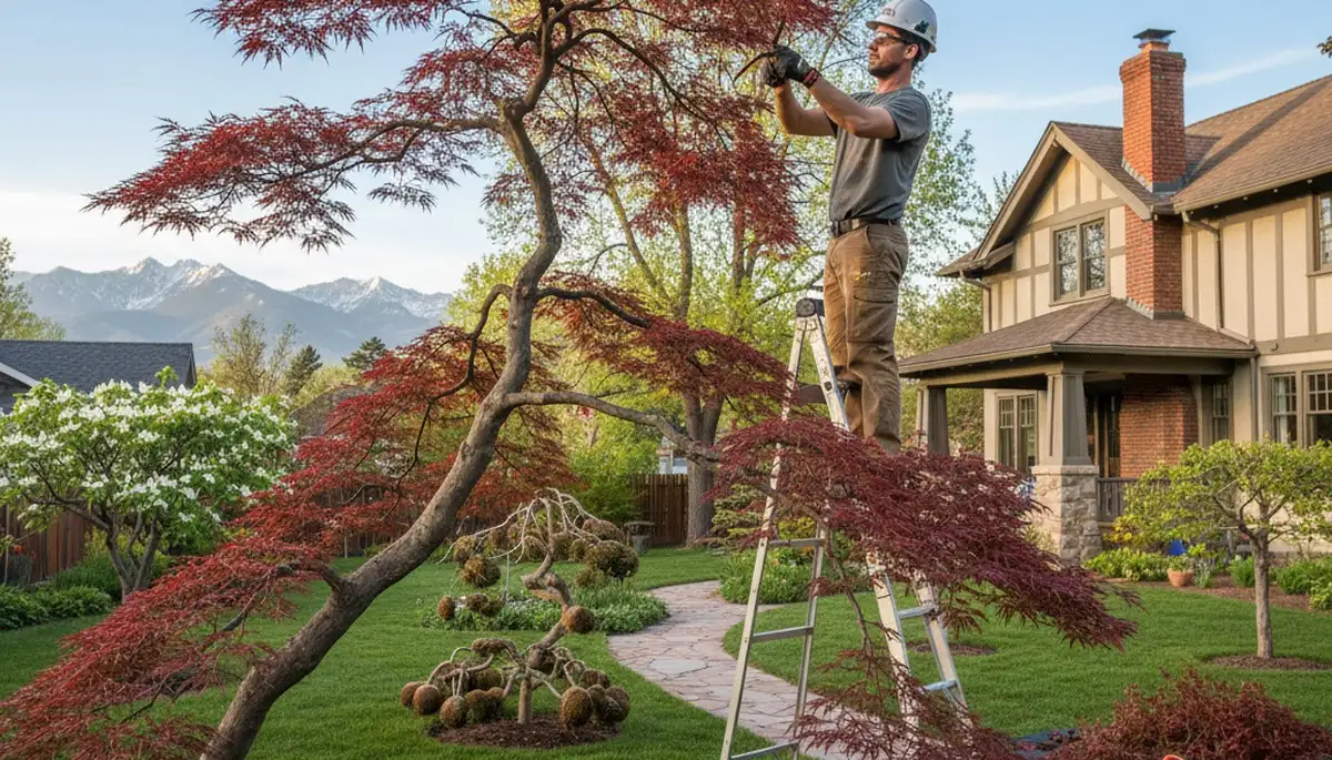 Arborist hand pruning ornamental tree in Denver, CO for professional landscape and tree care.