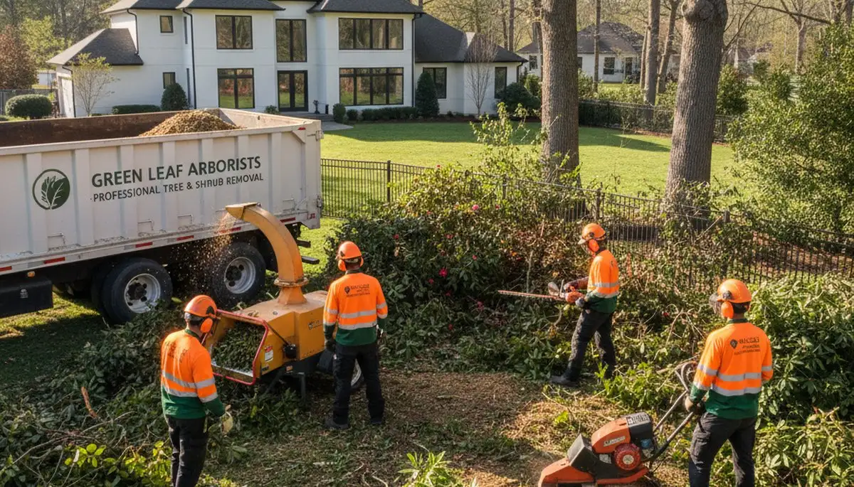 Professional shrub removal crew clearing overgrown bushes in Denver, CO yard