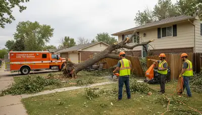 Emergency tree removal crew clearing storm damage in Commerce City, CO after severe weather