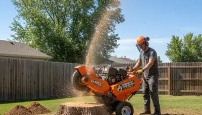 Professional stump grinding service removing tree stump in Commerce City, CO near Denver for lawn restoration