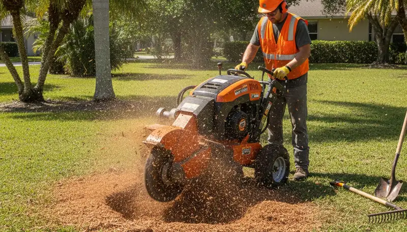 Stump grinding service removing tree stumps in Englewood, CO for lawn restoration by Denver tree experts