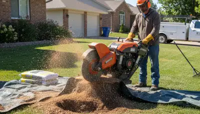 Professional stump grinding removing tree stumps on residential lawn in Thornton, Denver, CO