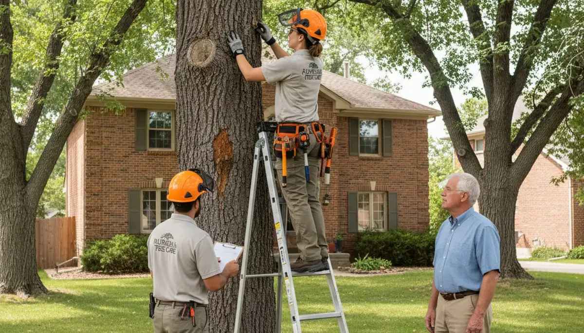 Certified arborist performing tree health assessment for homeowners in Aurora, Denver, CO
