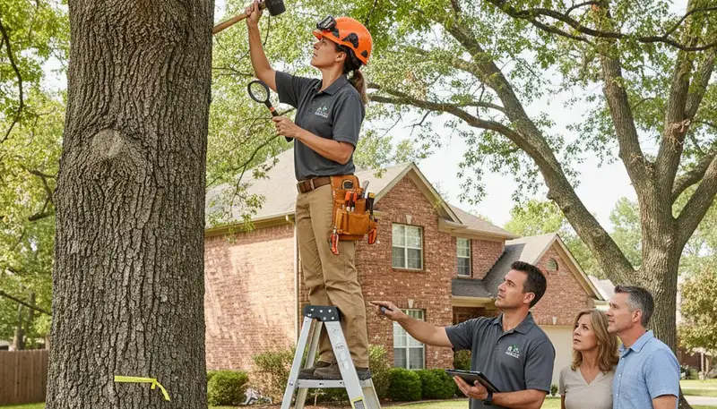 Certified arborist performing tree health assessment for homeowners in Englewood, Denver, CO