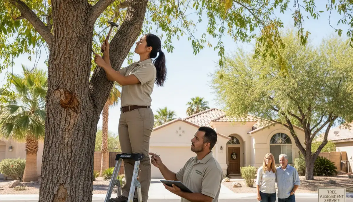 Certified arborist performing tree health assessment for homeowners in Henderson, Denver, CO