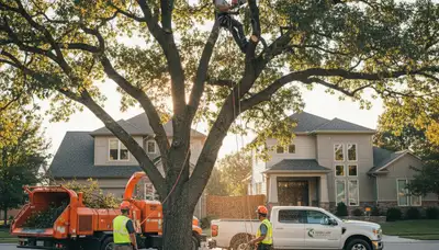 Arborist pruning mature tree branches in Denver, CO for Chop Chop Tree professional tree care service