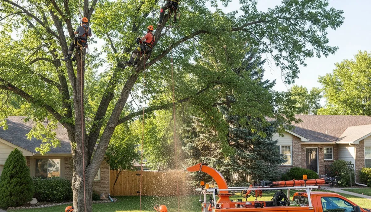 Professional tree removal service in Denver CO safely cutting tall trees near residential property