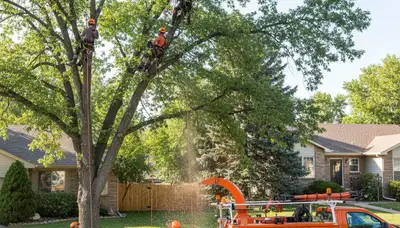 Professional tree removal service in Denver CO safely cutting tall trees near residential property
