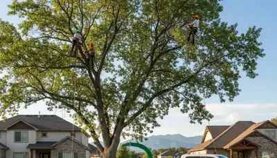 Professional tree removal service in Denver CO safely cutting and clearing large backyard tree