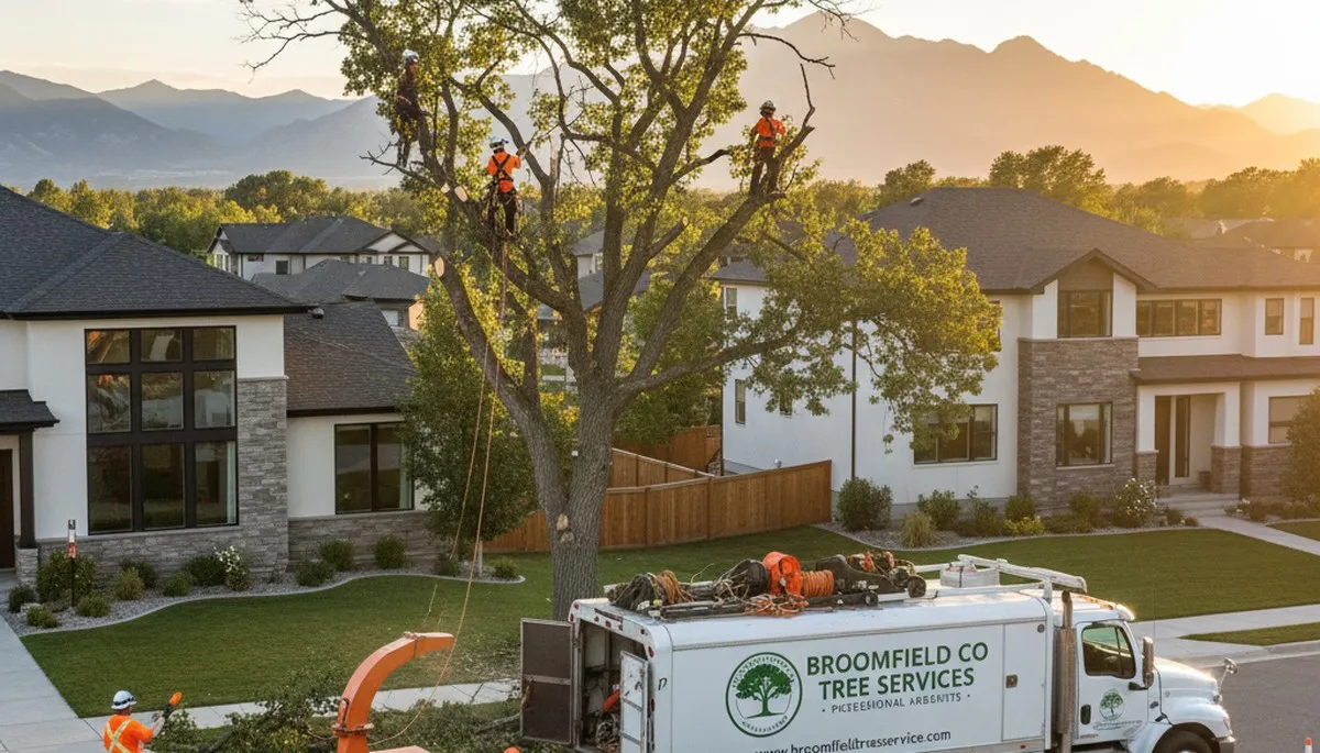 Professional tree removal service crew working safely in Denver, CO neighborhood yard