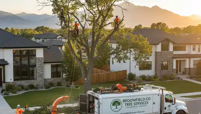 Professional tree removal service crew working safely in Denver, CO neighborhood yard