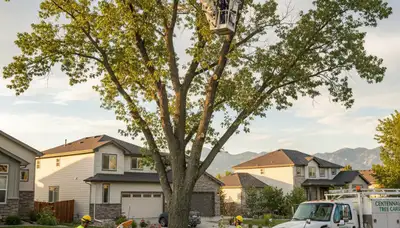 Professional tree removal service in Denver CO safely cutting and clearing large residential trees