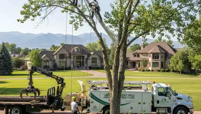 Professional tree removal service in Denver CO safely cutting and clearing large backyard trees