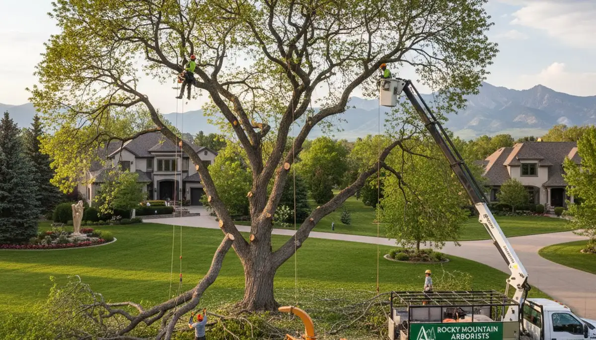 Professional tree removal service in Denver, CO safely cutting and clearing large backyard trees