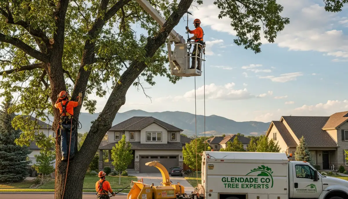 Professional tree removal service in Denver CO safely clearing large trees from residential property