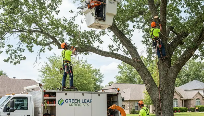 Arborist trimming tall pine tree in Denver CO for seasonal growth and wind damage prevention