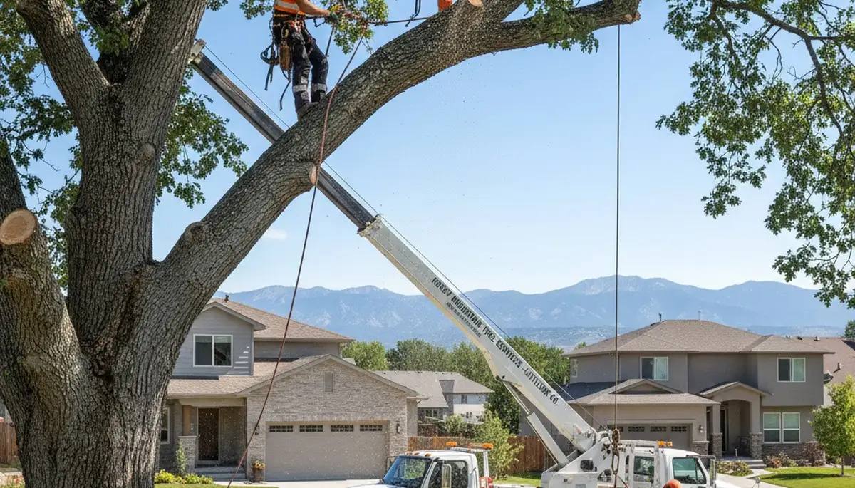 Professional tree removal service in Denver CO safely cutting large oak tree
