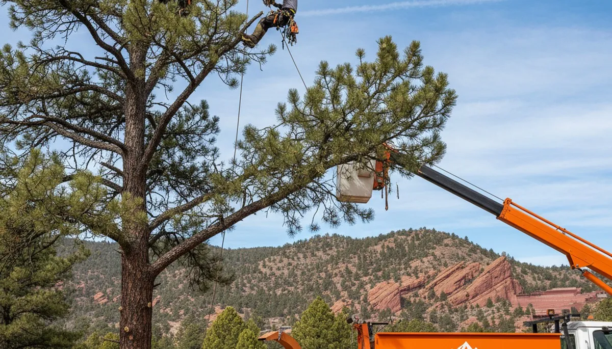 Professional tree removal service in Denver, CO safely cutting and clearing large yard trees