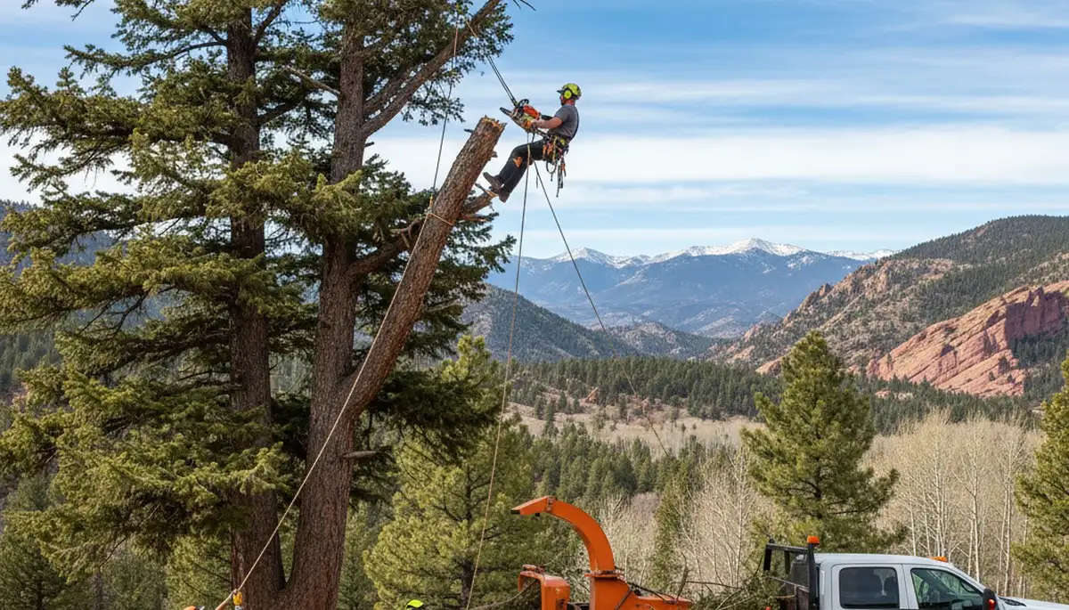 Professional tree removal service crew working safely in Denver, CO residential area