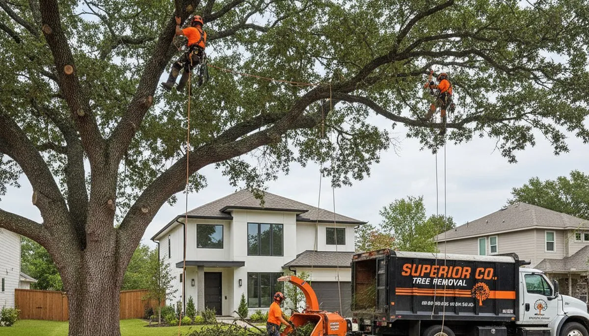 Professional tree removal service crew working safely in Denver CO neighborhood